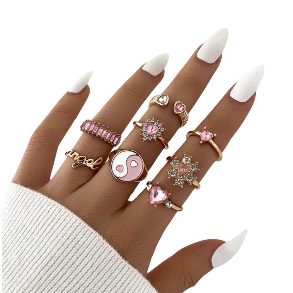 Pink Crystal Yin Yang Ring Set Gold Dainty Stackable - Adjustable Sizes 4-7